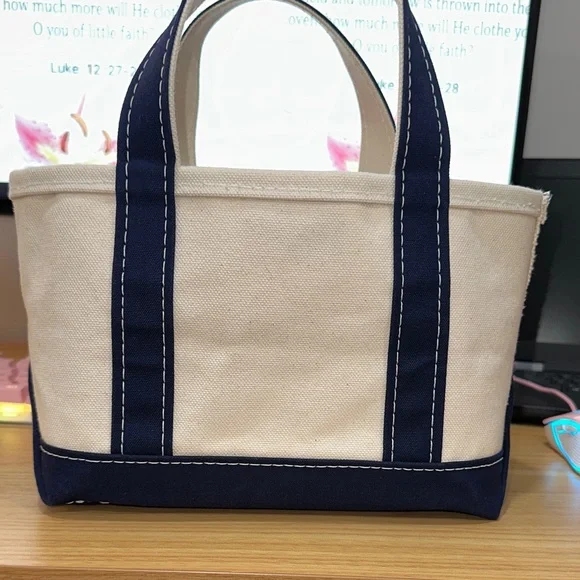 L.L. Bean mini Boat and Tote- Navy and Cream with Rancho Rose Pink Monogram - Picture 3 of 6